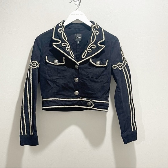 XOXO Women’s Black Gold Embroidered Embellished Cropped Military Jacket Size S - Picture 2 of 6